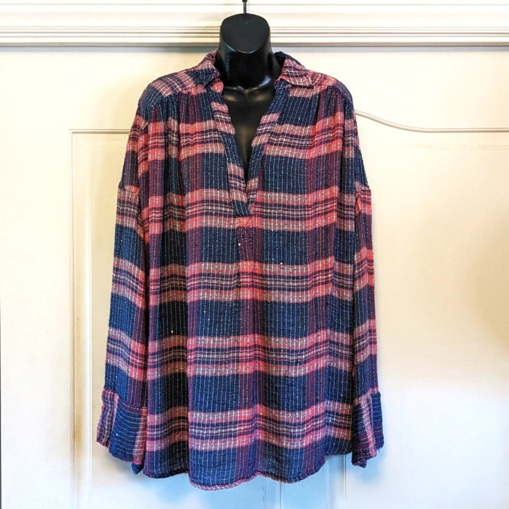 Free People Oversized Sequins Plaid Knit V-Neck Long Sleeve Blouse